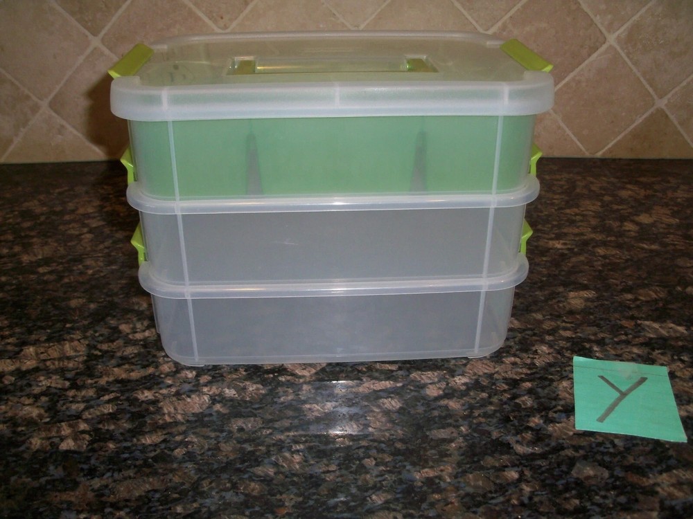 Sterilite 3 Layer Stack & Carry Divided Craft Sewing Storage Container Green (ls