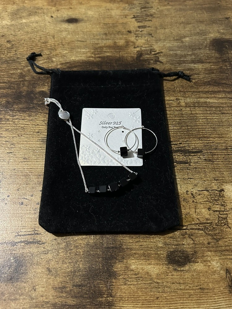 Black Square Cut Onyx 925 Silver Hoop Dangle Earring & Adjustable Bracelet Set