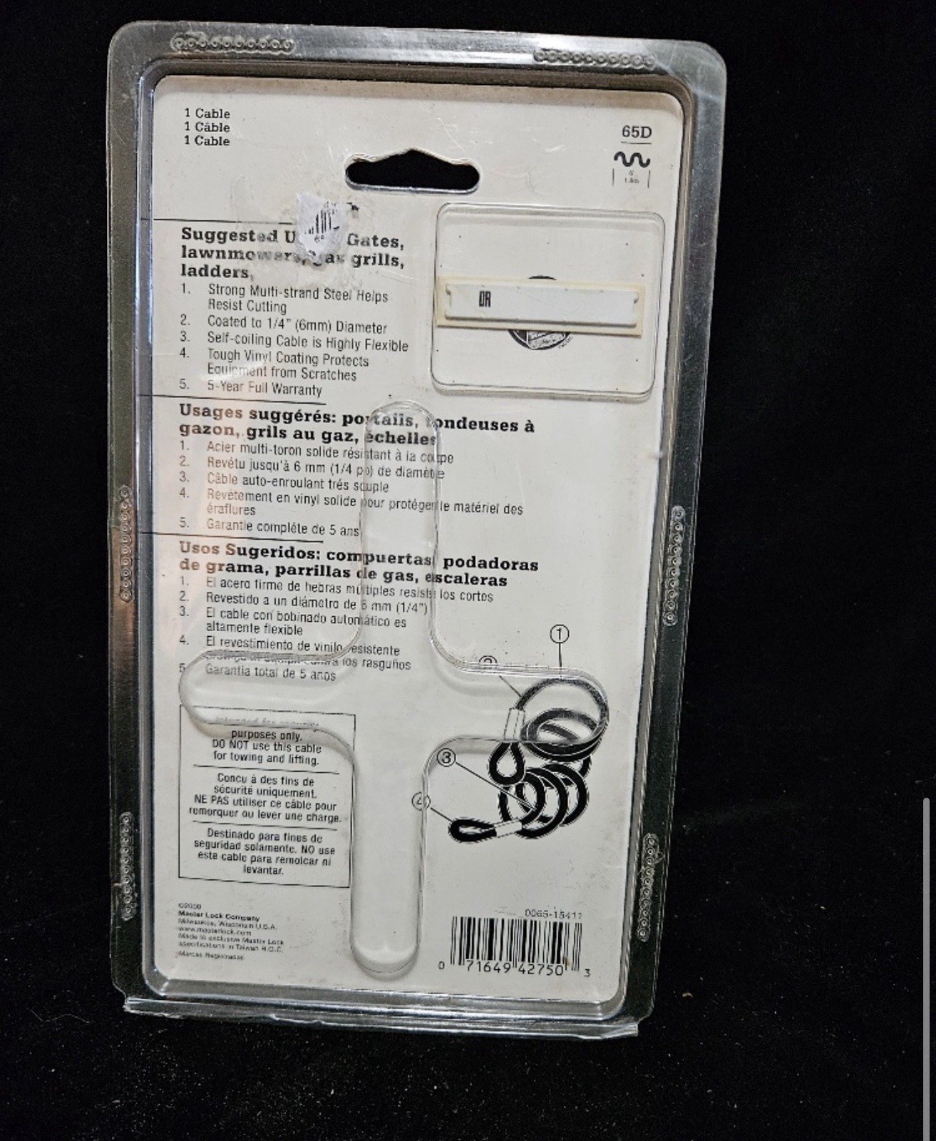 Master Lock 65DPK2 Self-Coiling Steel Cable 1/4 in. x 6 ft. with Looped Ends