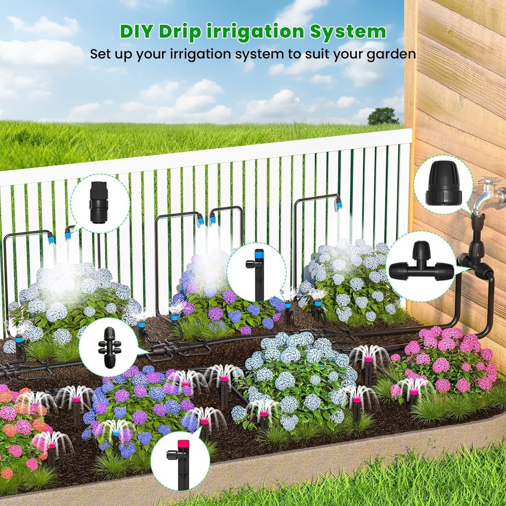 223FT Drip Irrigation Kit, Drip Irrigation System Kit with Adjustable Misting...