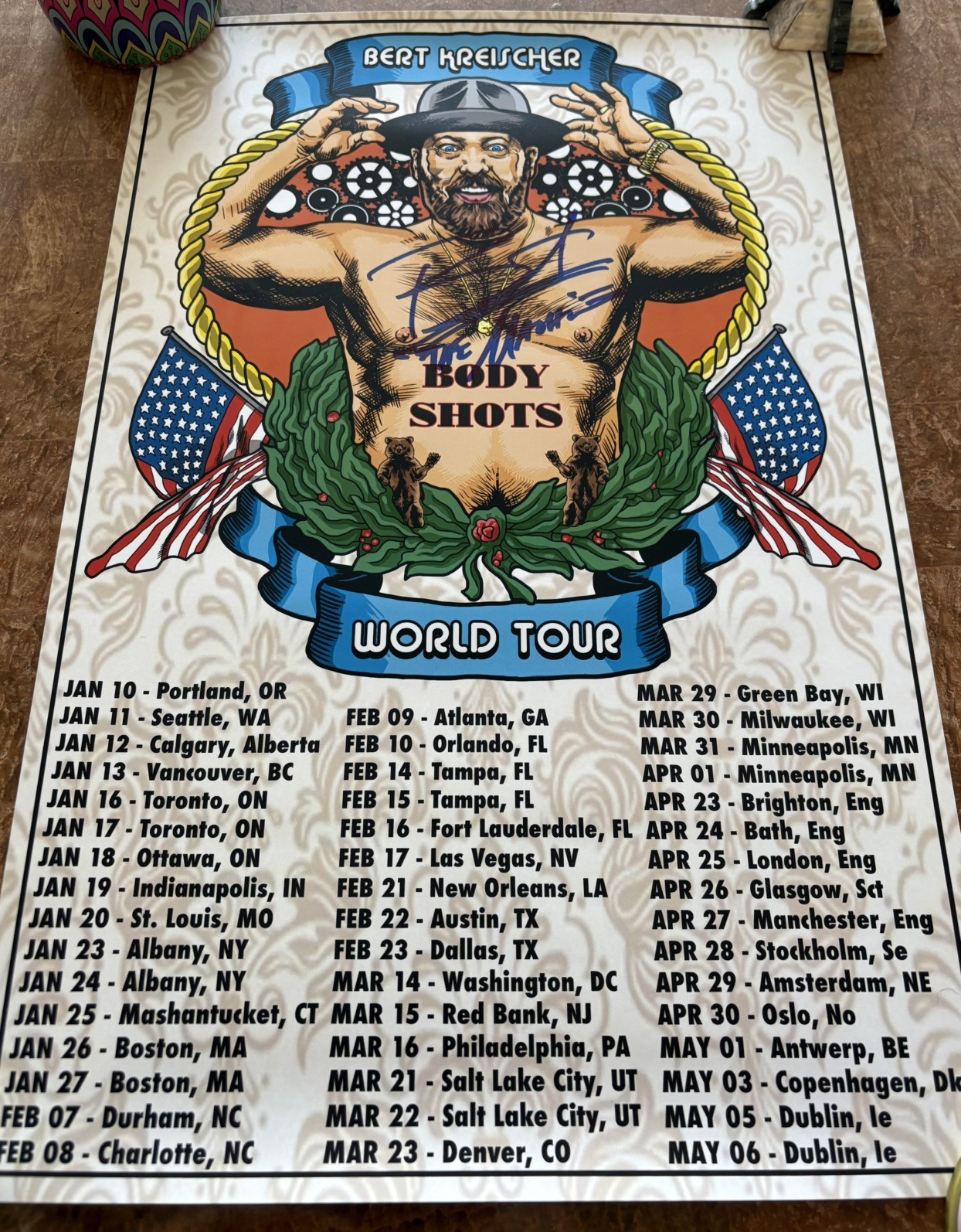 2019 Bert Kreischer Body Shots World Tour ((Signed)) Poster 13"x19" AUTOGRAPHED