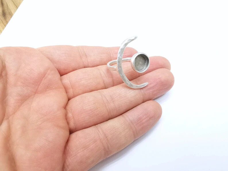 Crescent Moon Silver Ring Blank Base Bezel Settings Cabochon Base 8mm G34945