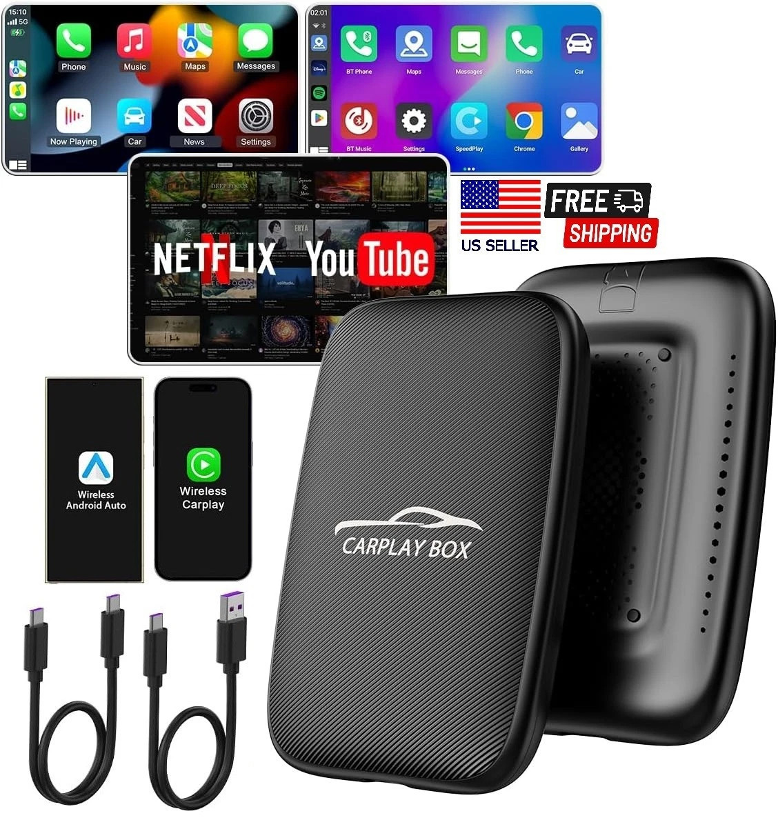 Wireless Carplay Adapter 3 in 1 Android Auto Adapter Netflix YouTube TF Card