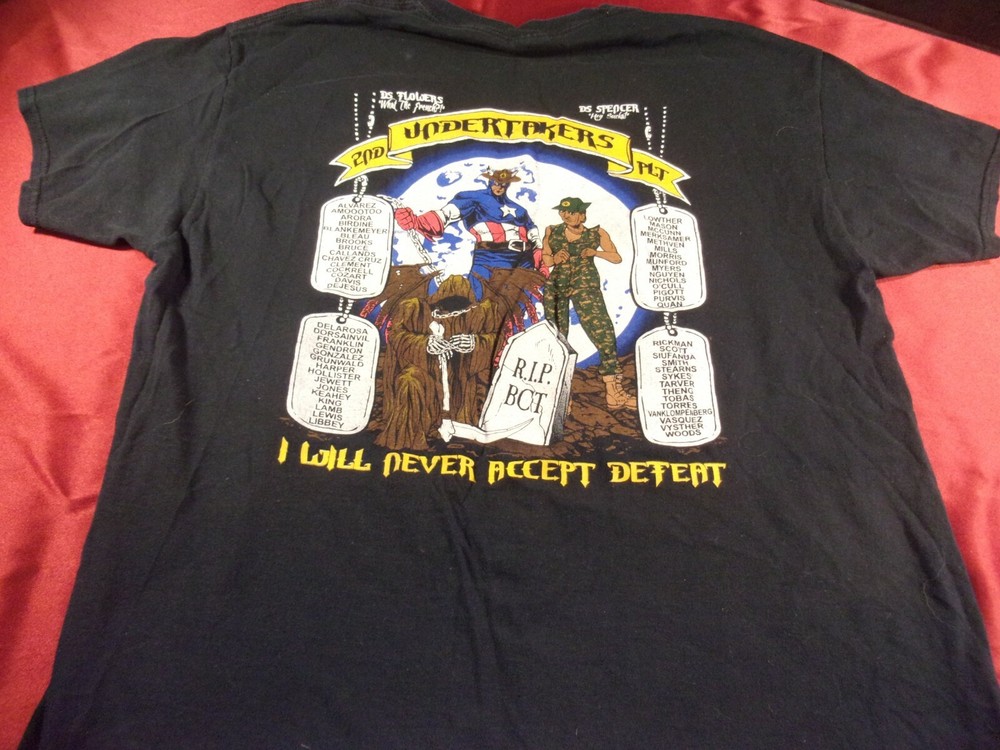 RARE FORT JACKSON BASIC COMBAT TRAINING 2ND PLT UNDERTAKERS BLACK SHIRT LARGE