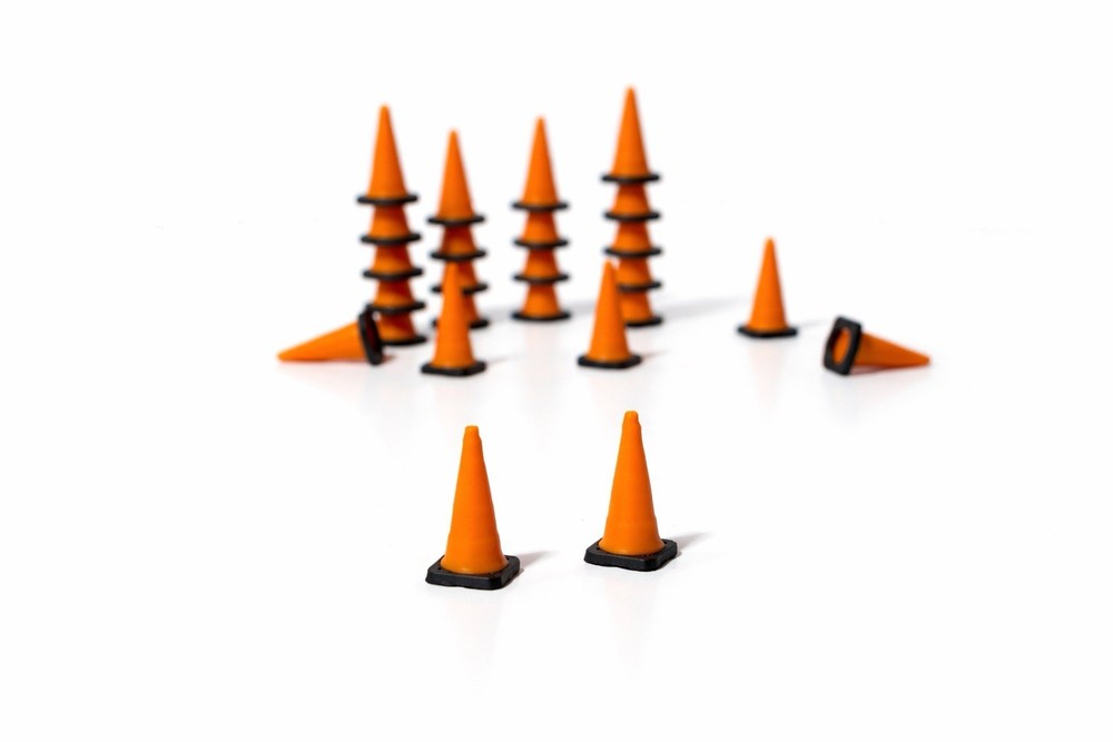 25 Pack 1:64 Scale Orange Traffic Cones Black Base 13mm H, 7mm W, Stackable