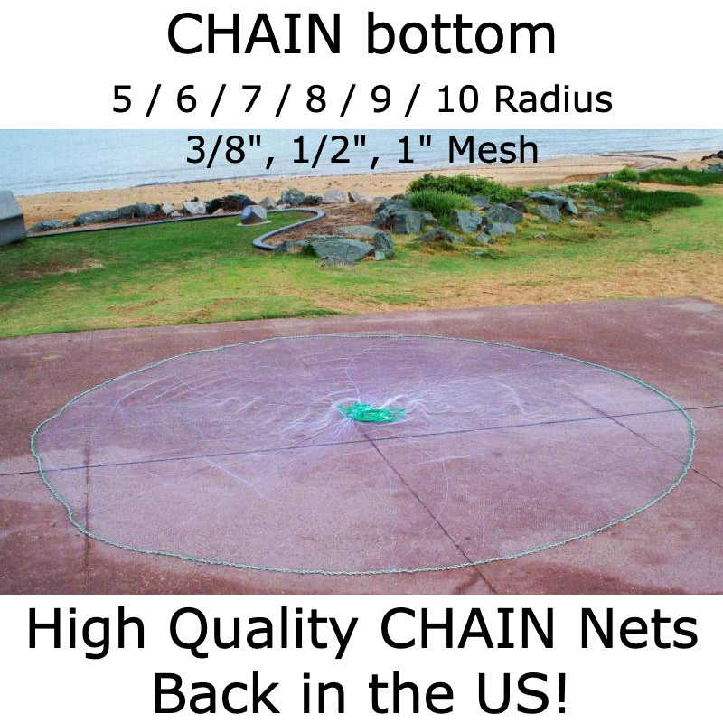 Cast Net Bait 5-10 Ft Mono Drawstring 3/8"-1/2"-1"-2" CHAIN Bottom. Best Quality