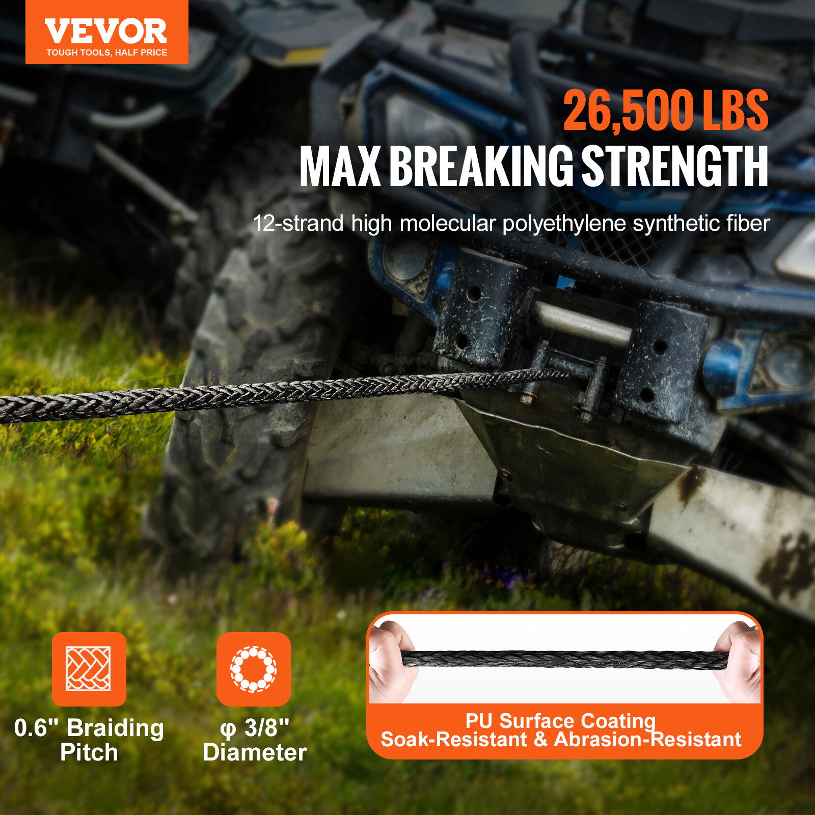 VEVOR Synthetic Winch Rope Winch Line Cable 3/8" x 100' 26500 lbs for SUV Truck