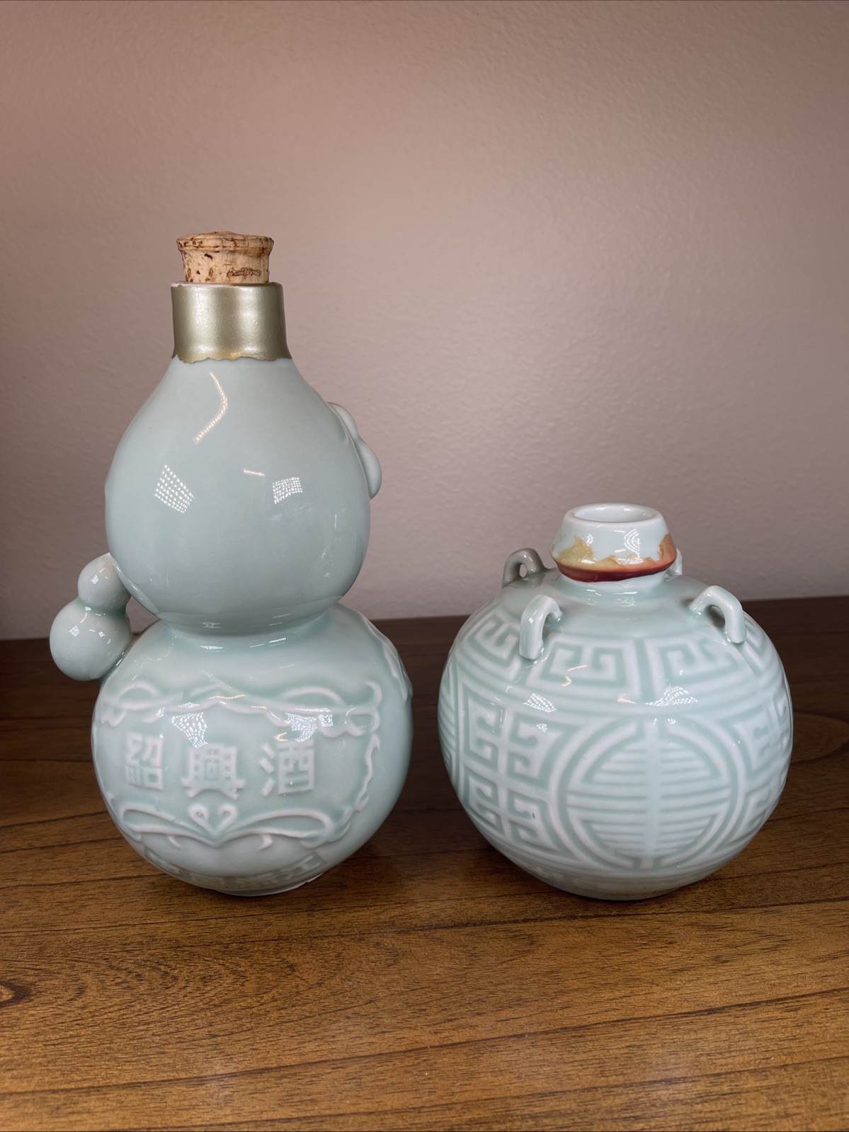 (2) Vtg Rice Wine Gourd Shaped Ceramic Pottery Bottles Empty Celadon Glaze