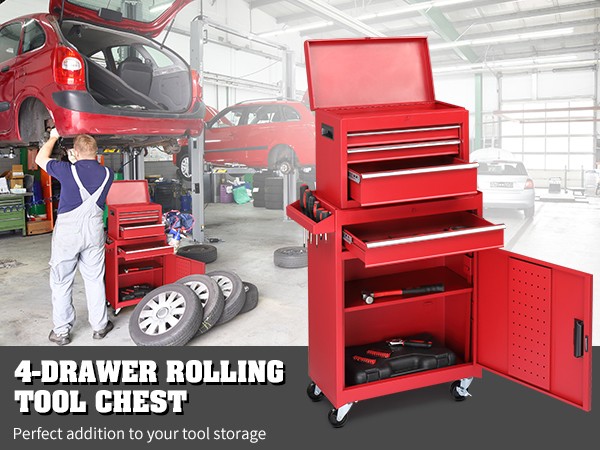 4-Drawer Rolling Tool Chest Storage Cabinet with Wheels & Adjustable Shelf Red