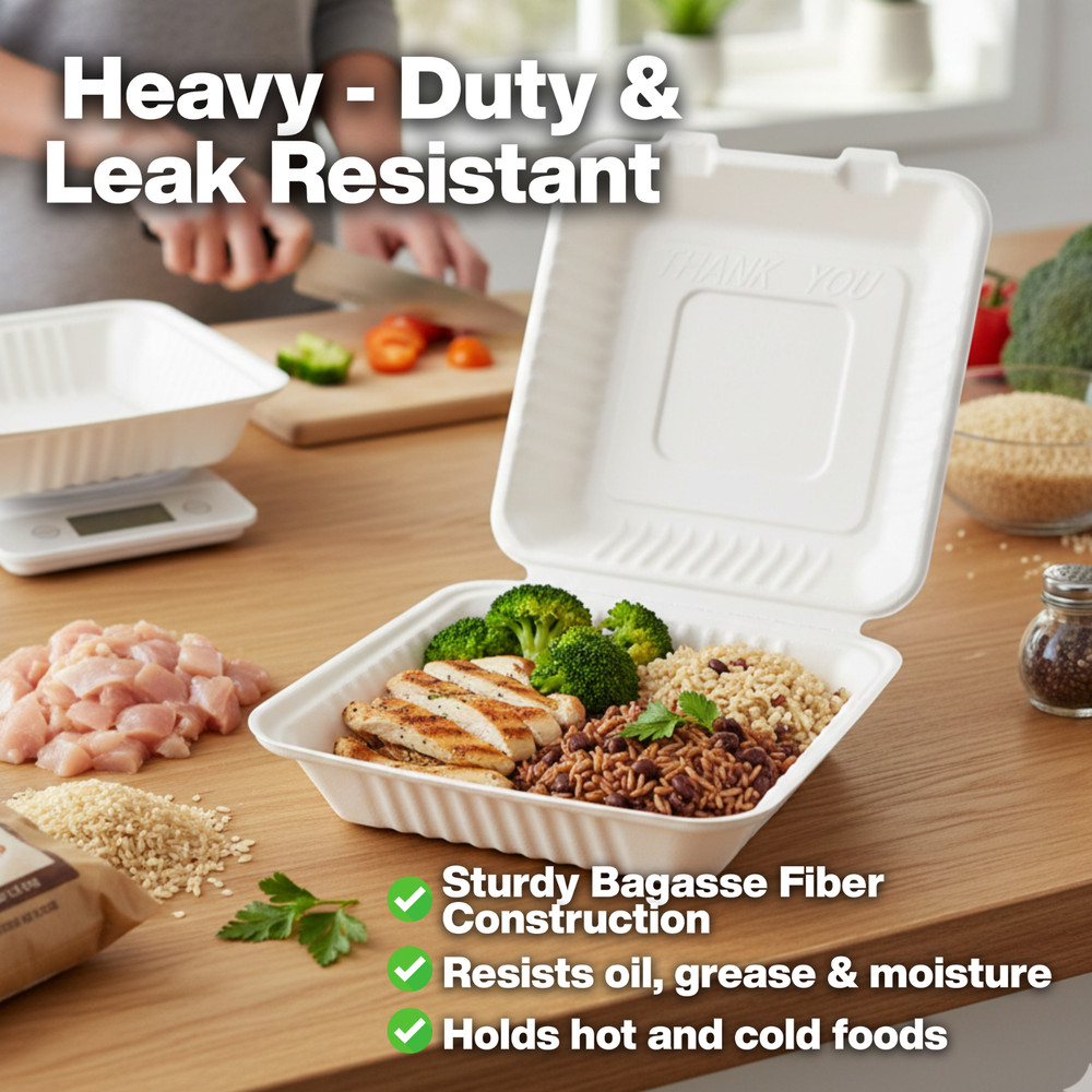 Bagasse Hinged Container, White, PFAS FREE, 8" x 8", 100pc