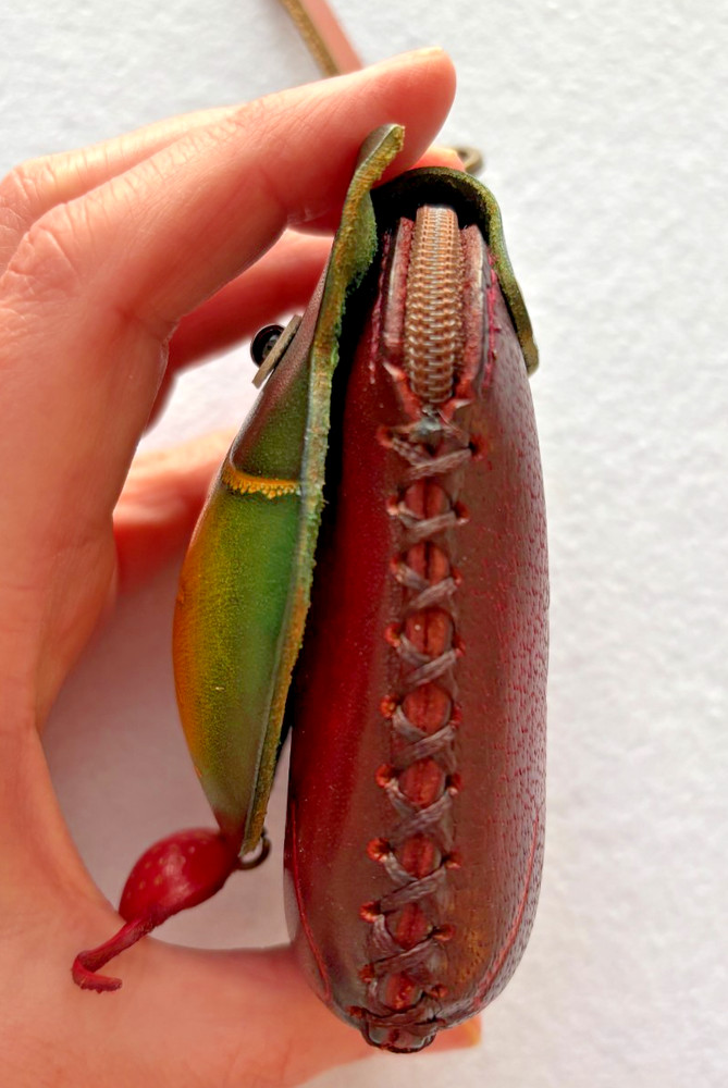 Leather Cat & Mouse Coin Purse Key Ring Zip Closure