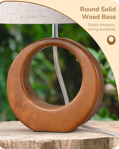 13.4" Small Table Lamp, Wood Nightstand Lamp with Beige Linen Mid Century