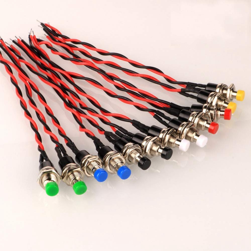 12 Pack 7mm Push Button Switch, Prewired, On/Off, 2 Pole, Round, 2066