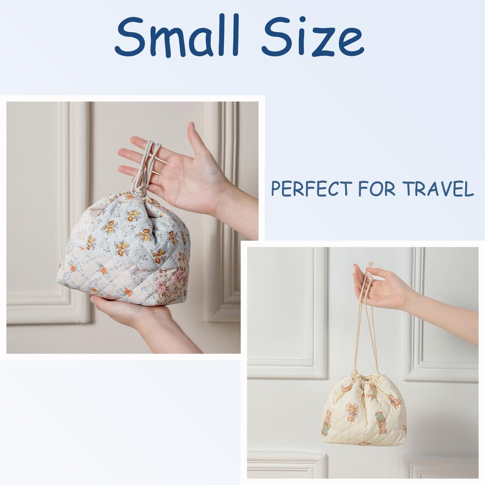 Cotton Quilted Drawstring Makeup Bag with Canvas Lining,Coquette Aesthetic Cute