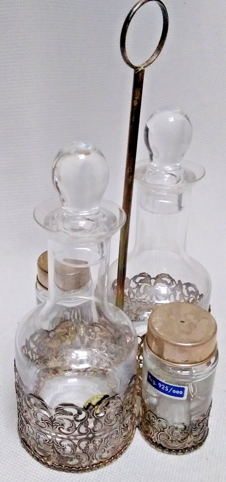 Italian 925 Cutout Sterling Silver and Fine Crystal Vessels Condiment Caddy