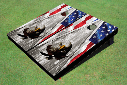American Flag Wavy Wood Look Triangle with Eagle Cornhole Boards