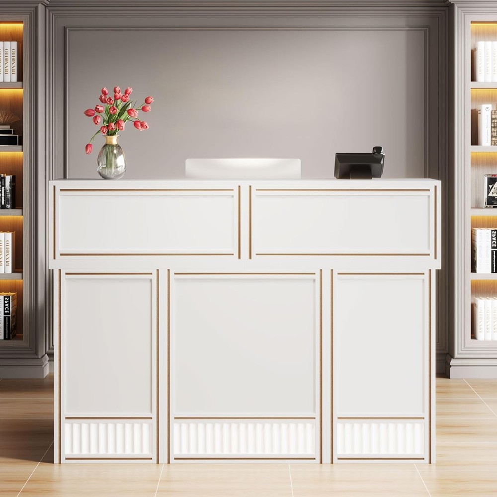 Reception Desk with Counter, 57-Inch Rustic Front Receptionist Table for Office