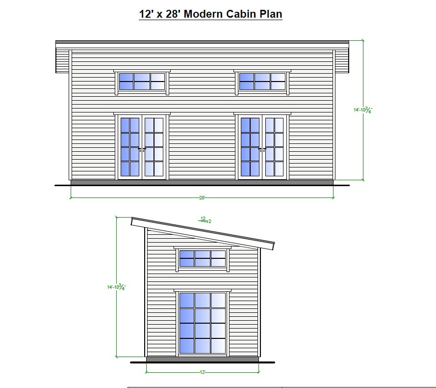 12'x28' Tiny House Plan, Two Story Modern Cottage Construction Blueprints