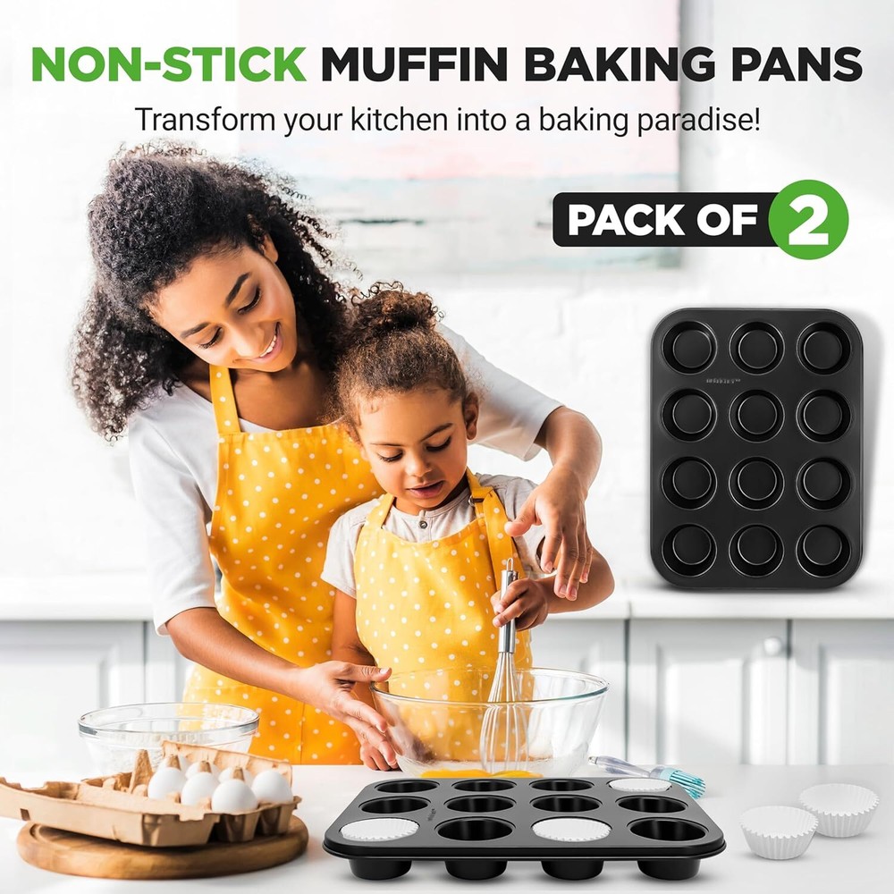 NutriChef NC2TRCP4 Muffin Pans for Baking 2-Pack - Black