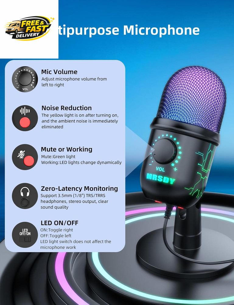 Gaming Microphone, USB Computer Microphone for PC, Mac, /5, Condenser Podcast Mi