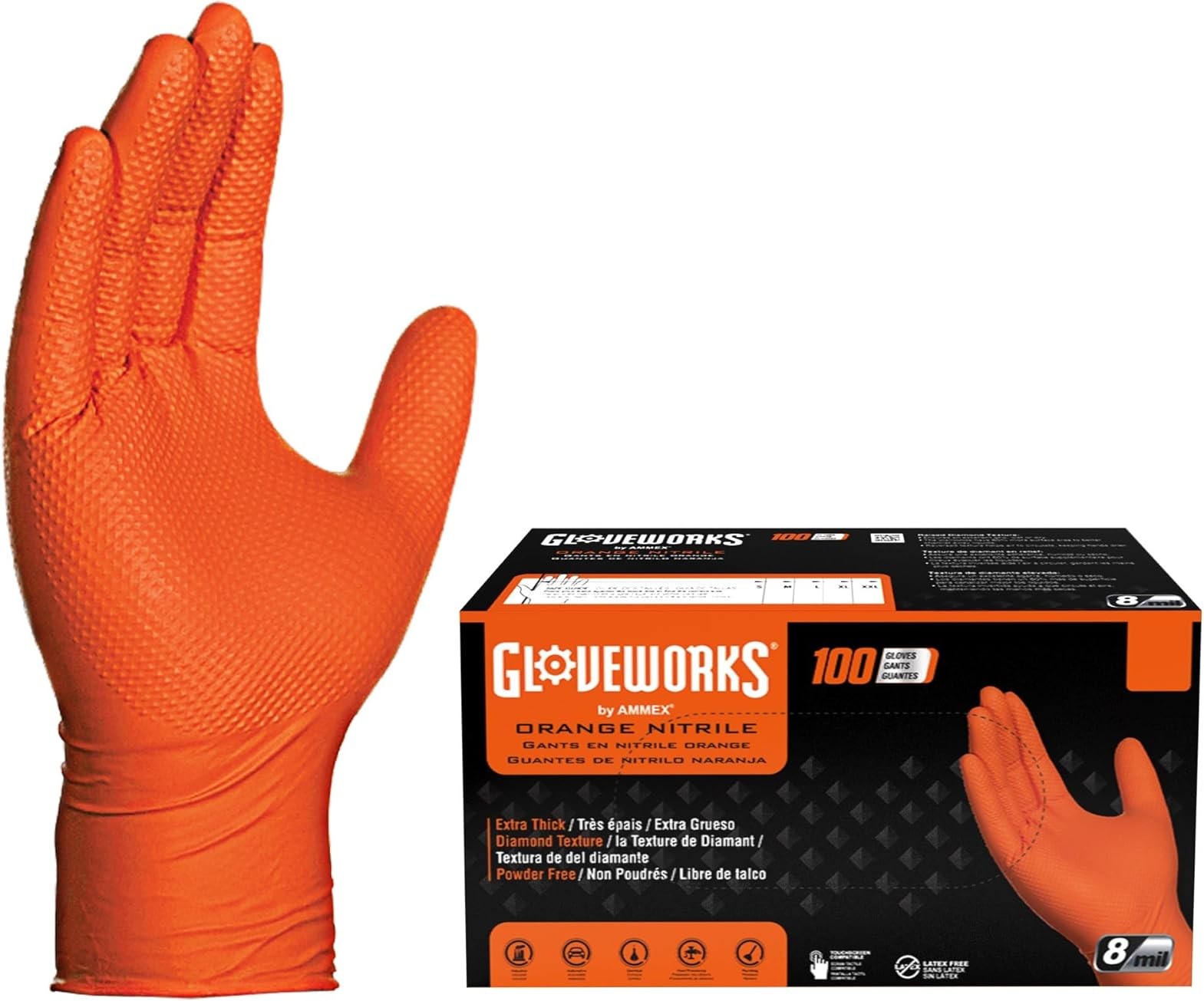 Gloveworks 8 mil Disposable HD Nitrile Gloves, Pack of 100, XLarge, Orange