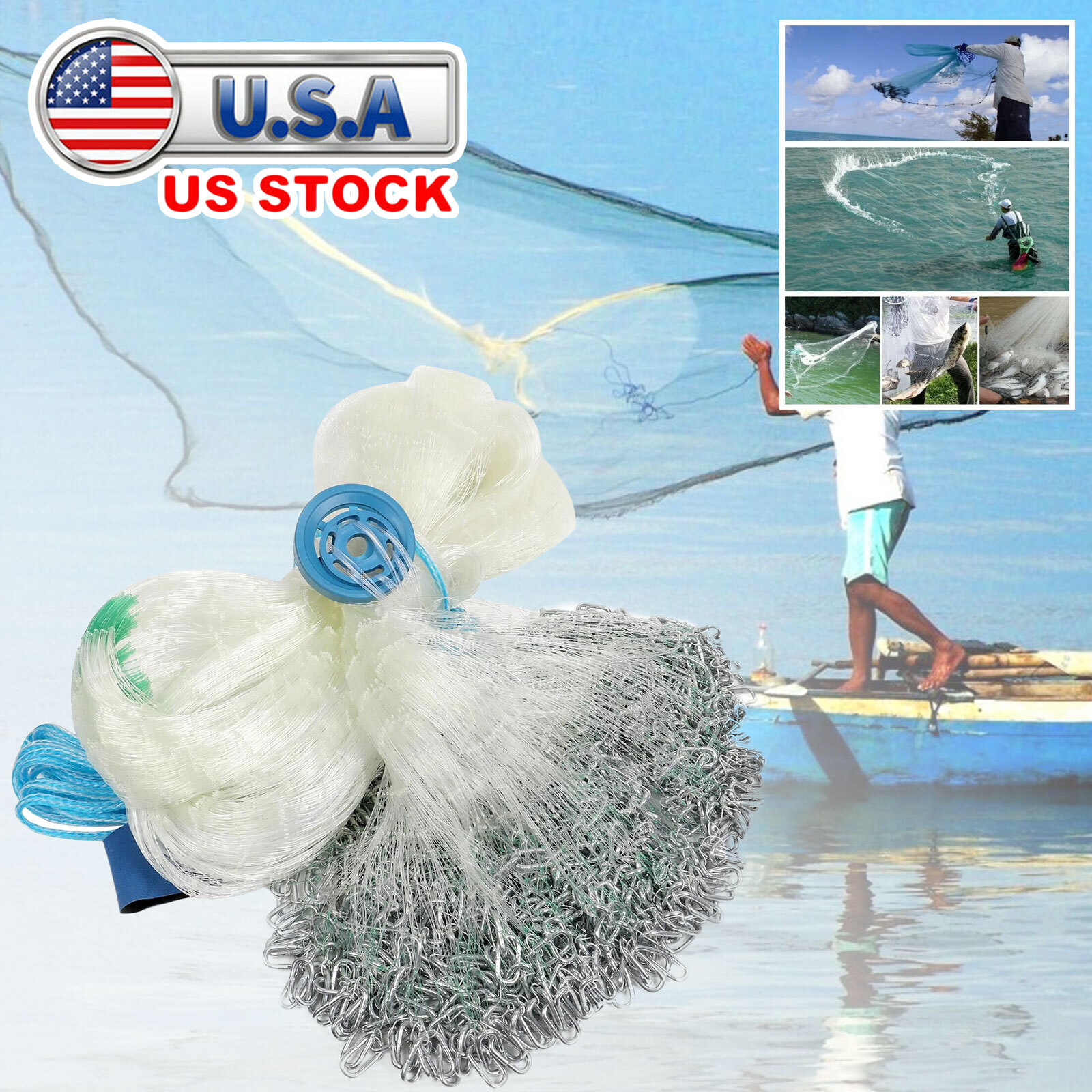 20/24/27/30ft Durable Cast Fishing Net w/ Heavier Steel Chain Sinker Boat Trap