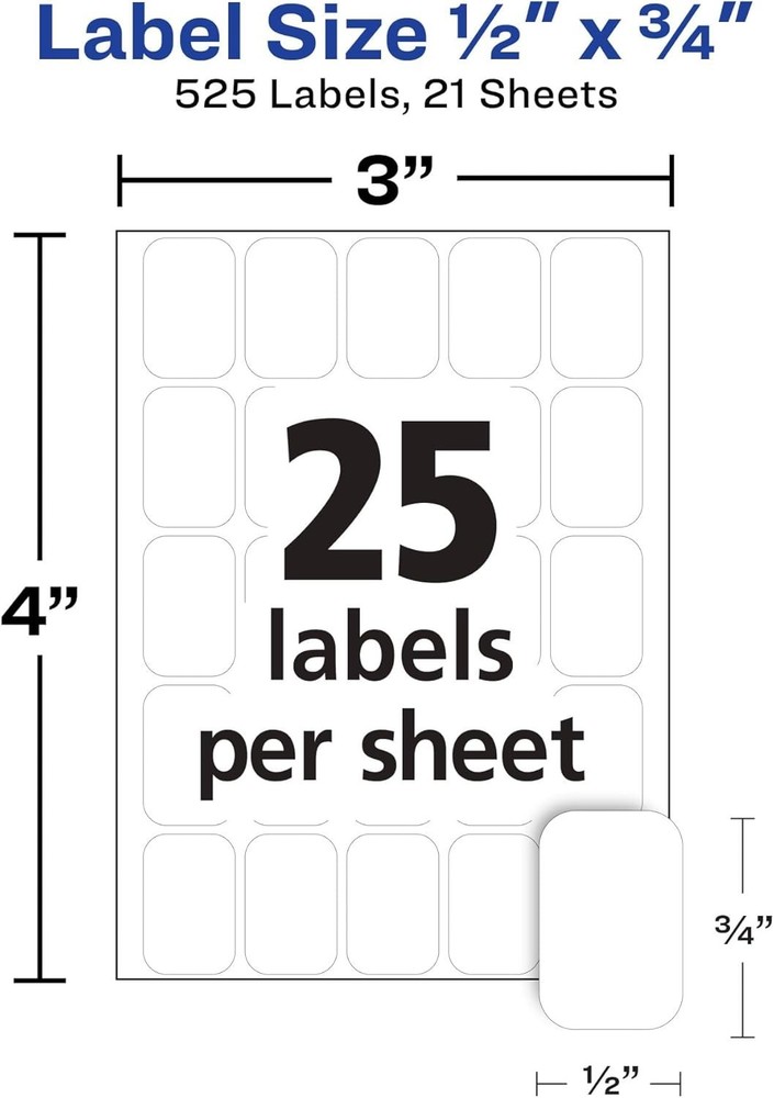 Multi-Use Removable Labels, 1/2" X 3/4", White, Non-Printable, 525 Blank Labels