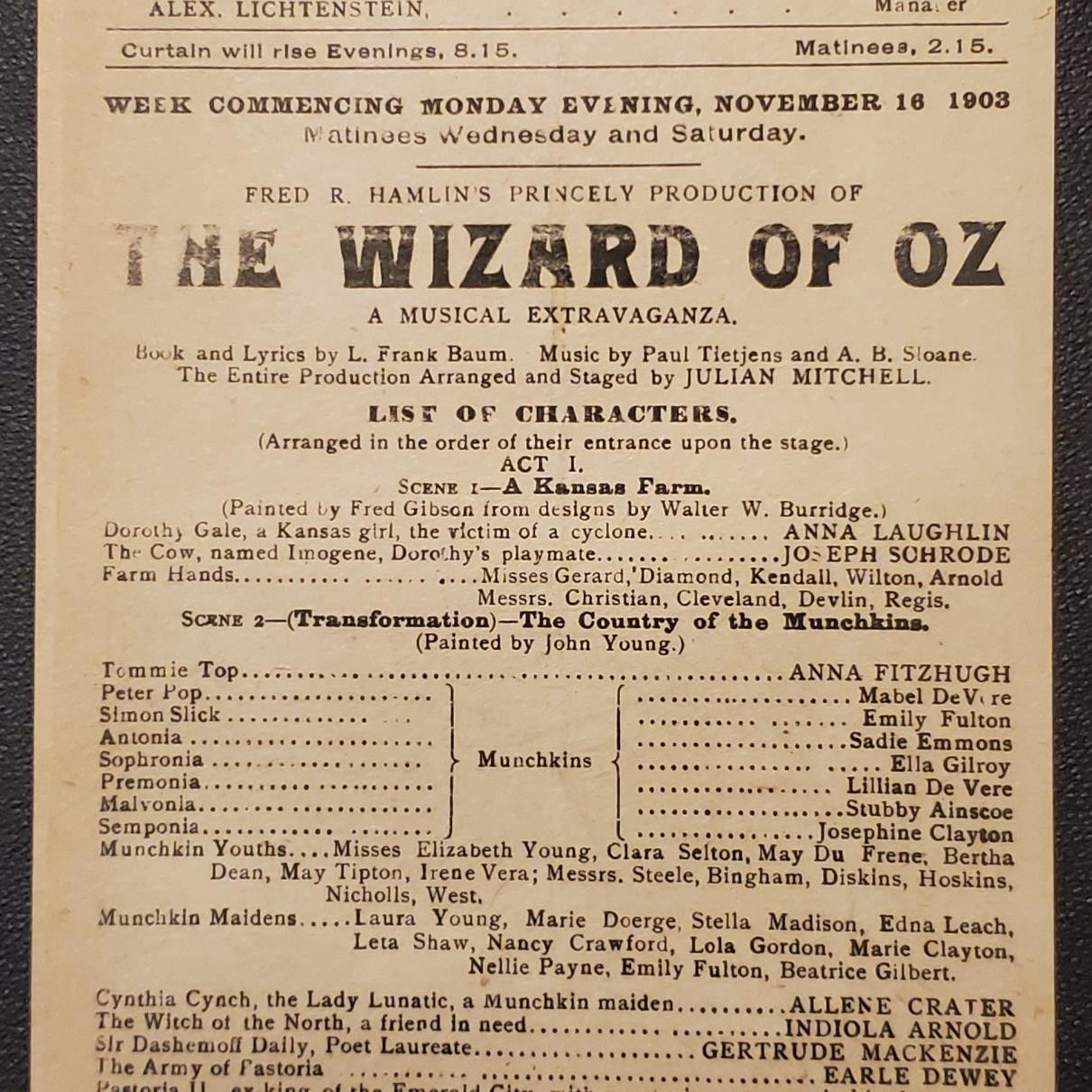 2243----1903 Wizard of Oz program Harlem Opera House NYC