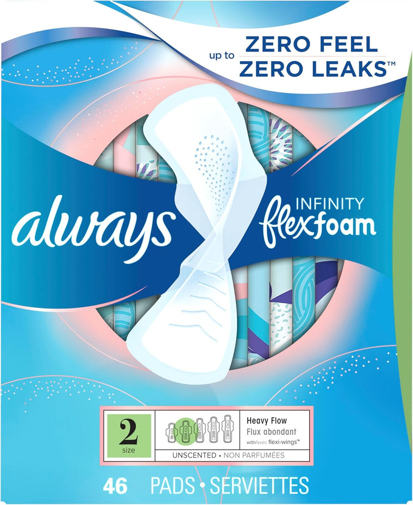 Always Infinity Flexfoam Feminine Pads, Size 2, Heavy Absorbency, 46 Count