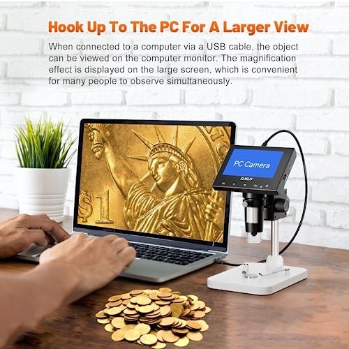 Digital Coin Microscope 1000x Magnification, 8 LED Lights, PC/Mac Compatible, 4.