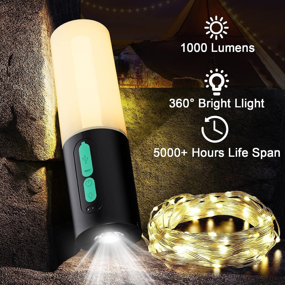 Camping Lantern With 33Ft String Lights Rechargeable Flashlight 4000mAh Charger