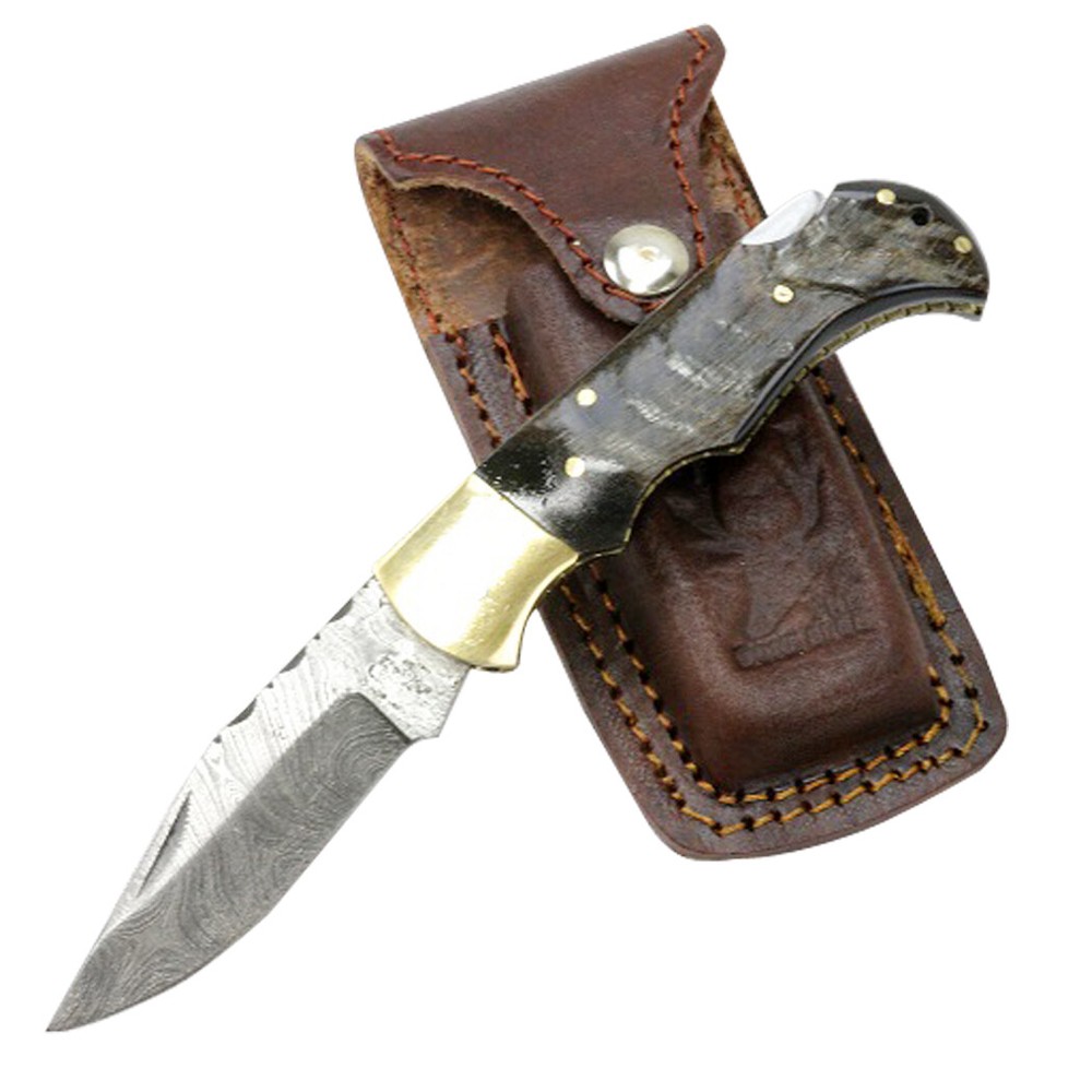 Genuine Damascus Lock Back Folder Lamb Horn Handle Knife Extensive Filework