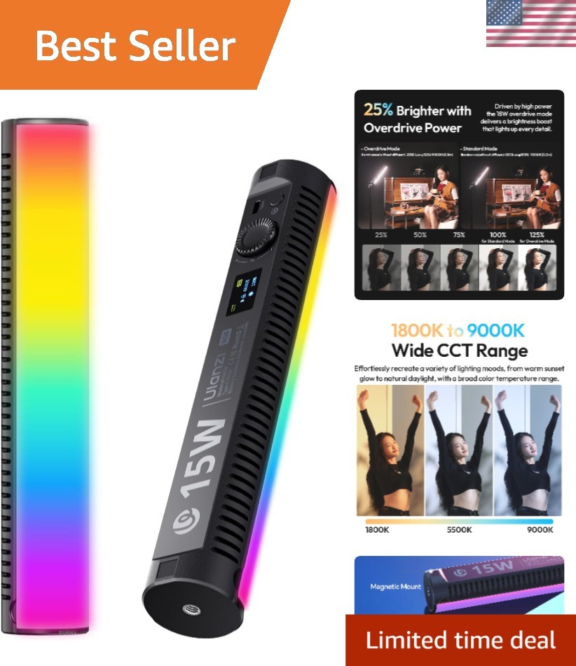 Portable RGB Handheld Light Wand with 20 Dimmable Effects & Diffuser Included