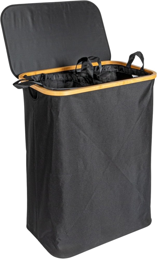 Sleek Laundry Hamper W/ Dual Mesh Liners & Lid Black