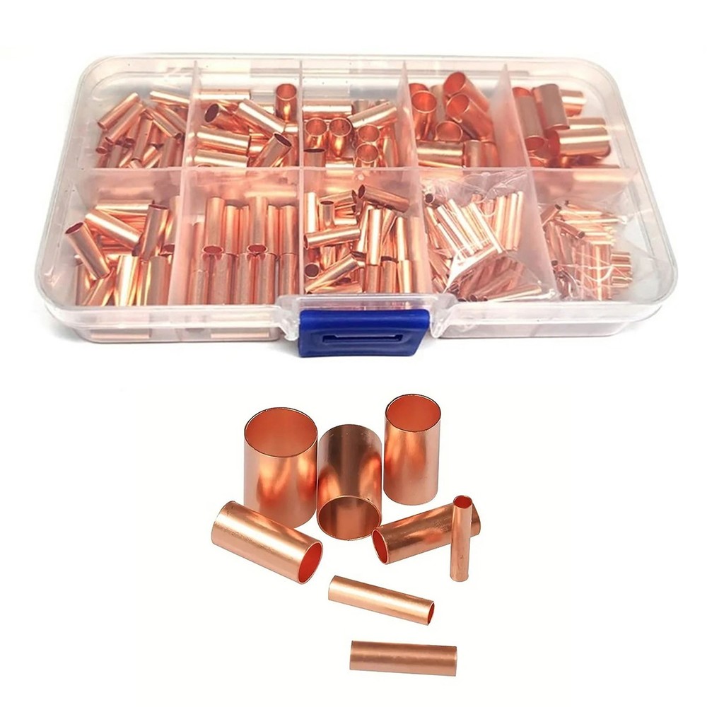 250Pcs/Set 7 Size Non Insulated Red Copper Wire Butt Splice Ferrules Kit