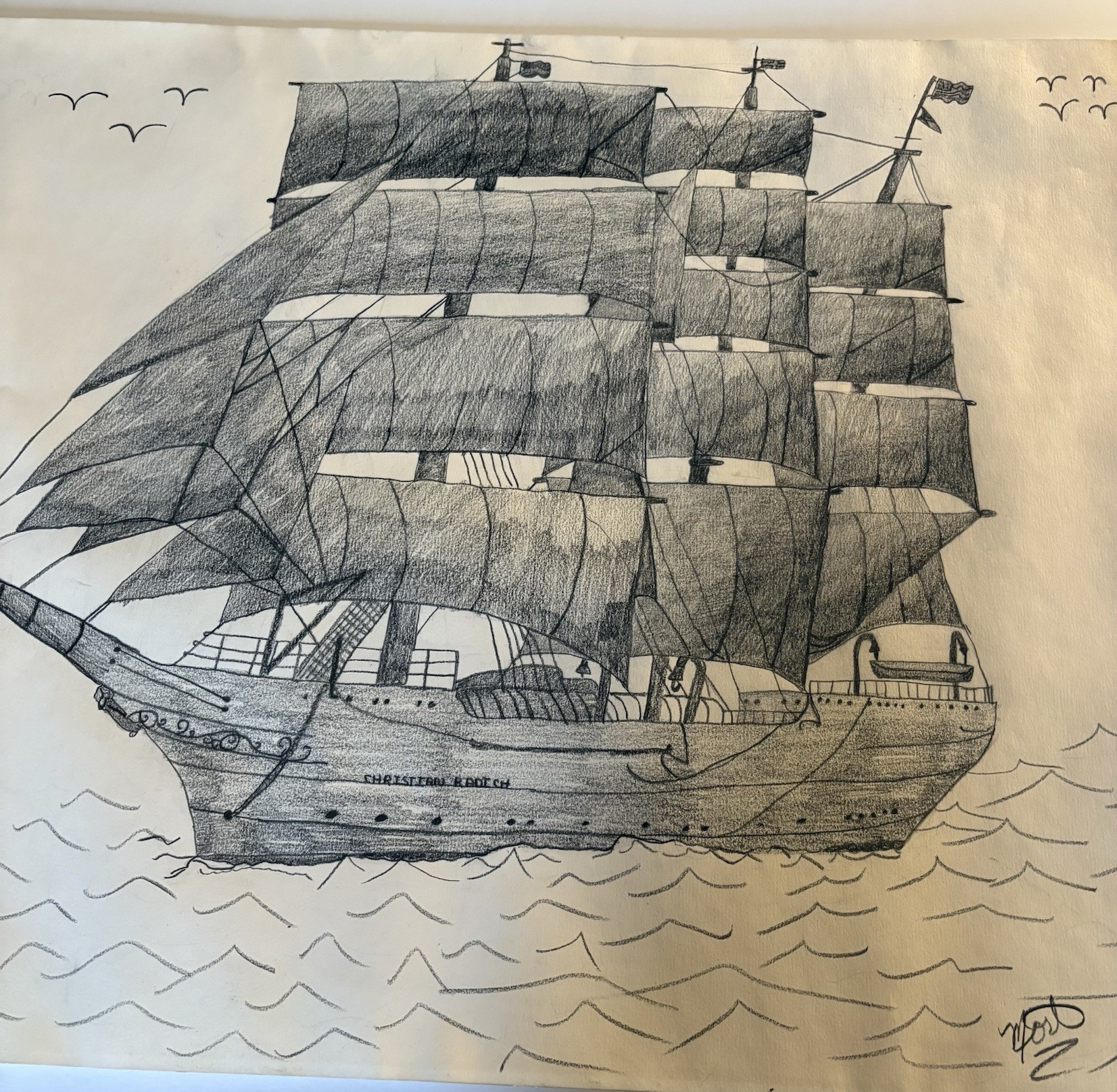 Pencil Drawing Norwegian Full Rigged Tall Sailing Ship Christian Radich Signed