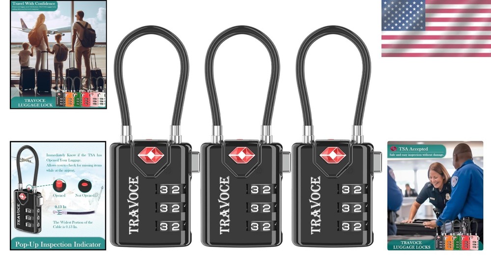 Travel Combination Cable Lock Set – TSA Approved, Versatile & Durable (3 Pack)
