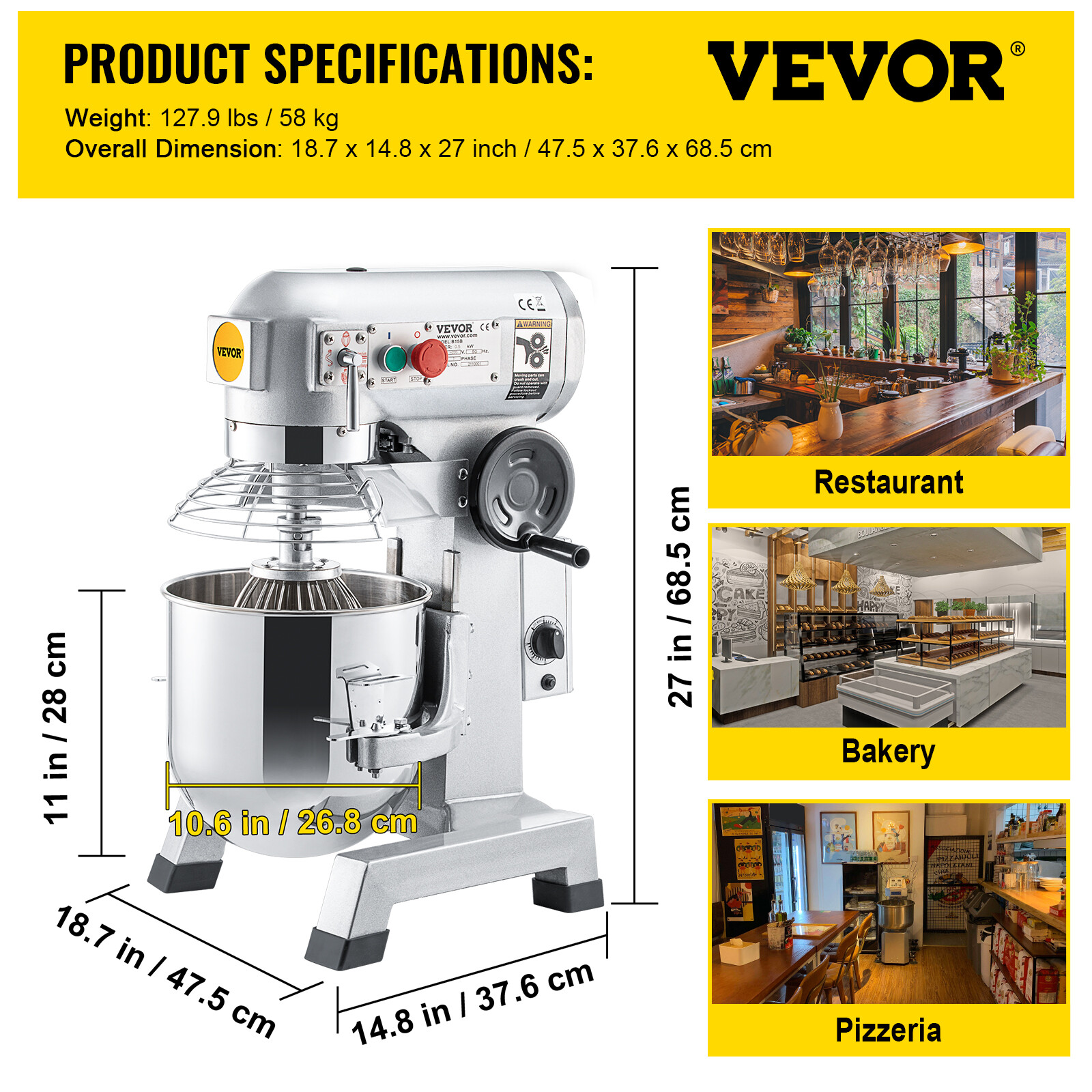 VEVOR Commercial Food Mixer 15Qt Dough Mixer 3 Speeds Electric 30 Minute Timer