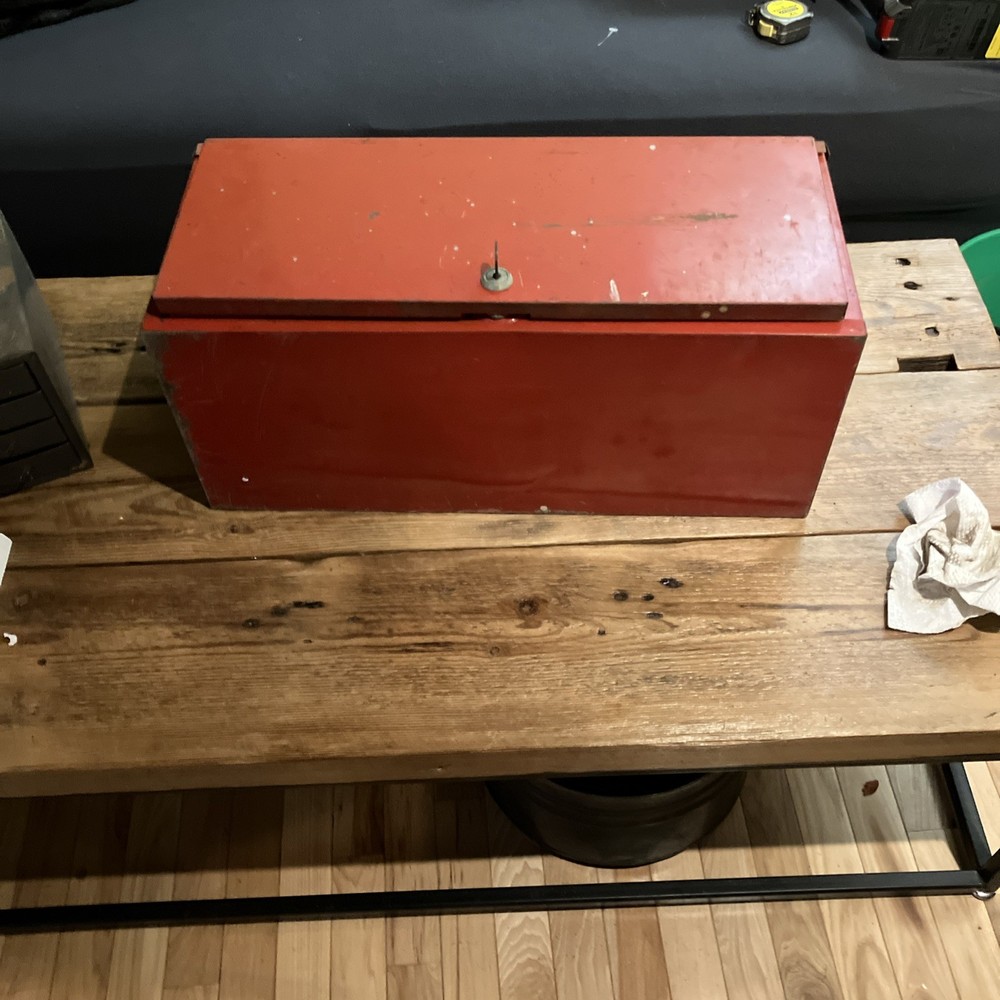 Red Metal Vintage Locking Tool Box With Key