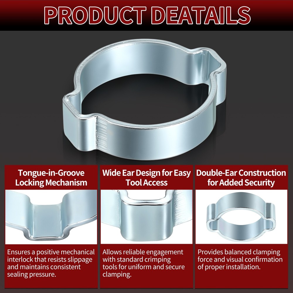5 Pack Galvanizing Plate Double Ear Hose Clamps, Working Range 26.3-31mm