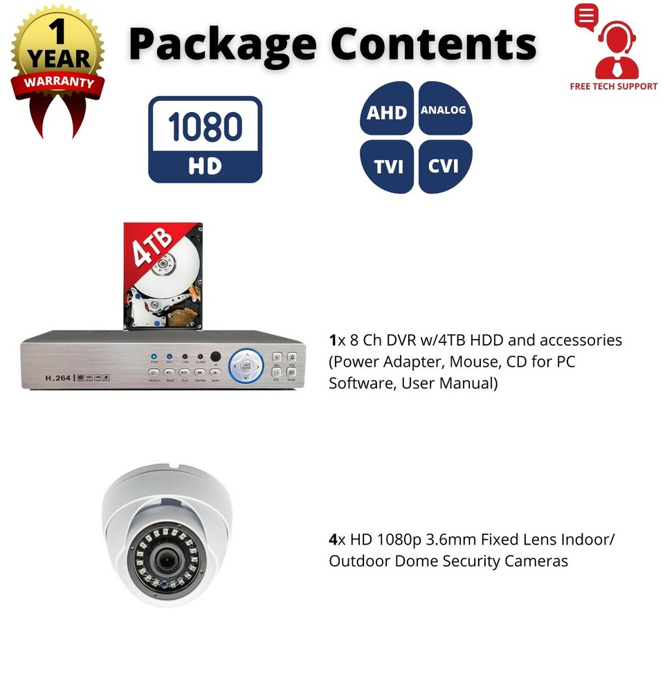 8 Channel 4 Security Dome Camera Surveillance System 4TB Memory for Recording