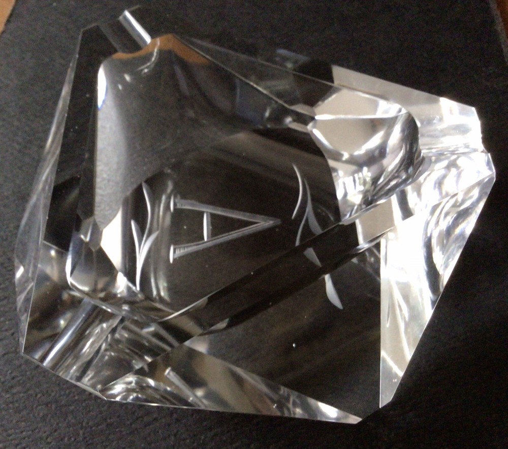 Mid Century Modern 6” Geometric Triangular Crystal Ashtray Engraved No Chips