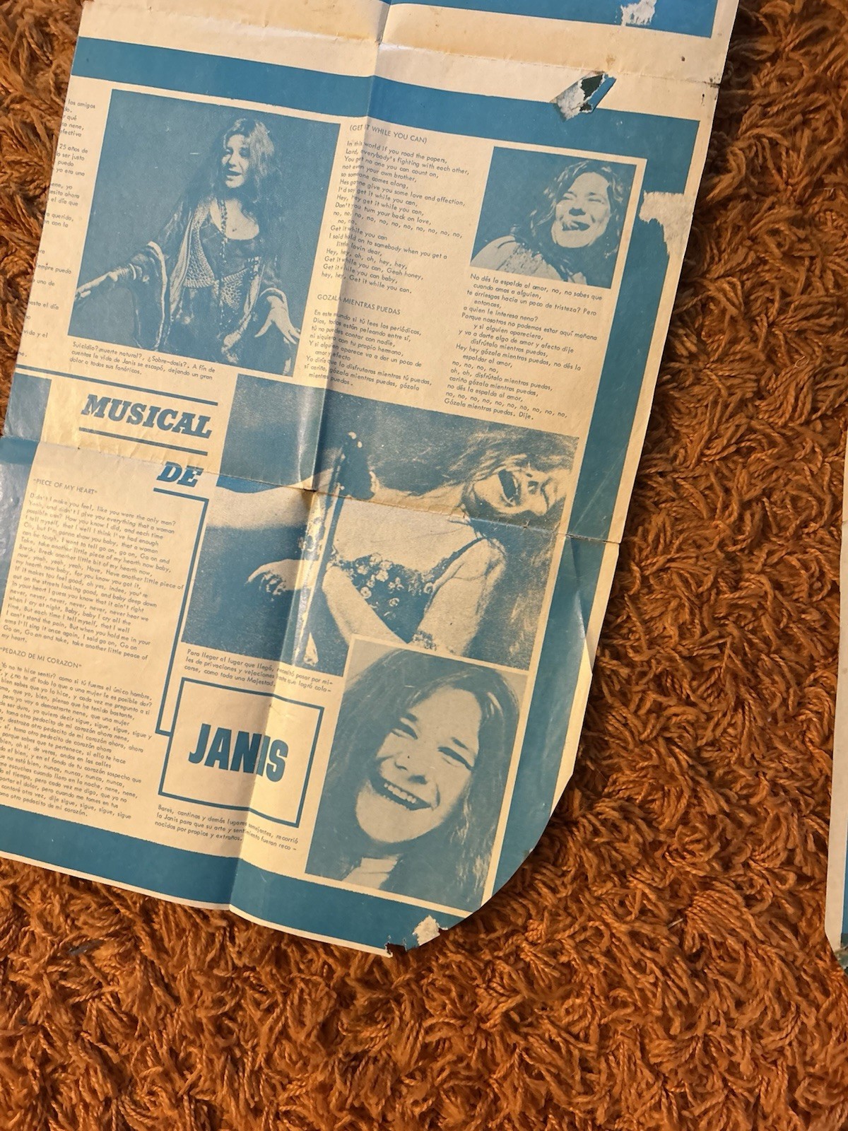 Janis Joplin Large Vintage Poster Memorial Spanish Magazine SEE CONDITION