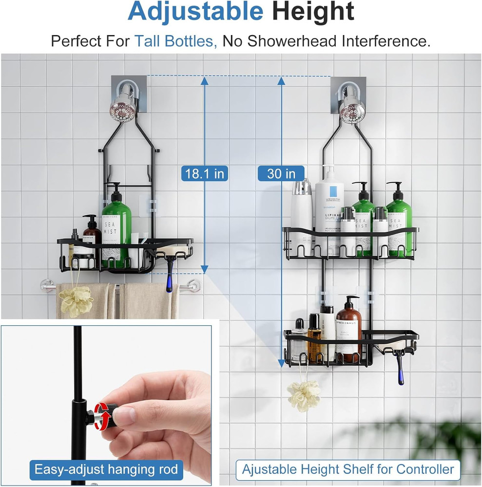 Upgraded Extended Length Shower Organizer with Hooks, Rustproof Shampoo Soap Hol