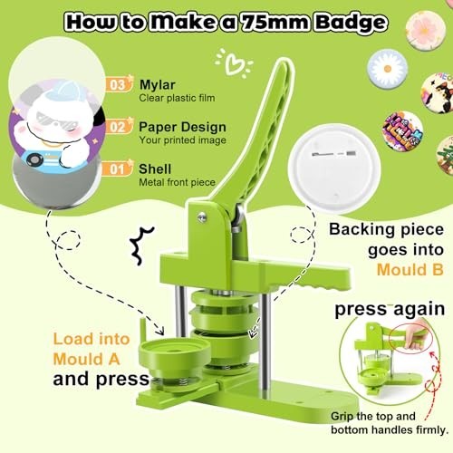 DIY Button Maker Machine 75mm - Easy Install, 100 Sets Supplies & Circle Cutter