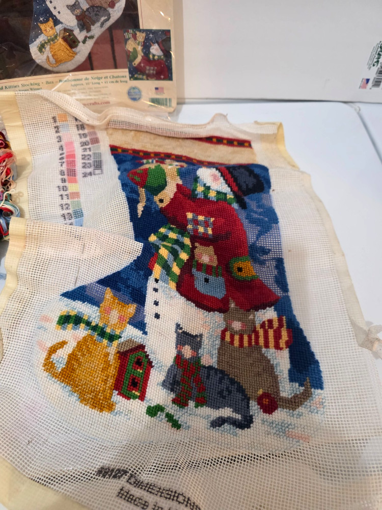 Christmas Dimensions Needlepoint Stocking SNOWMAN & KITTIES Winget Started Kit