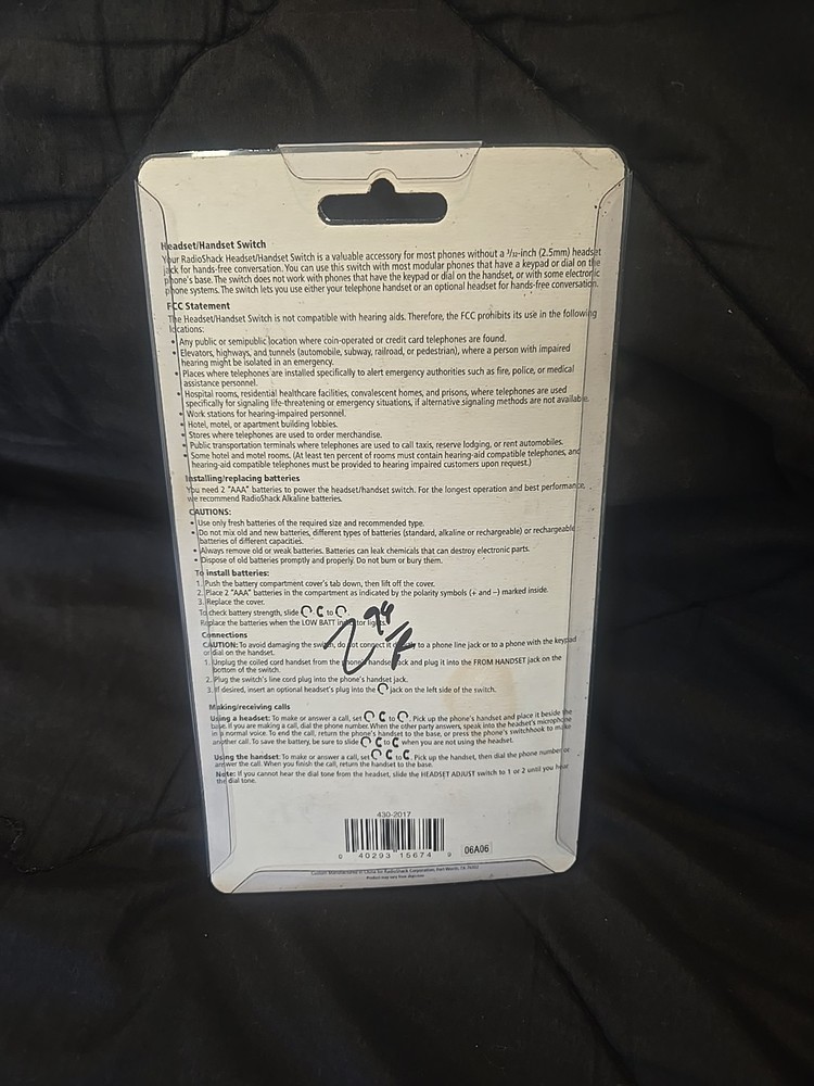 Radio Shack Modular Headset Handset Switch Telephone Accessory Model 43-2017