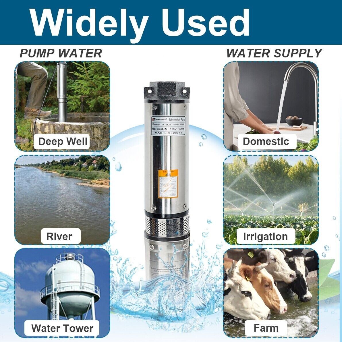 1 HP Deep Well Submersible Pump, 4" , 115V, 37 GPM, 207 ft ,Stainless Steel US