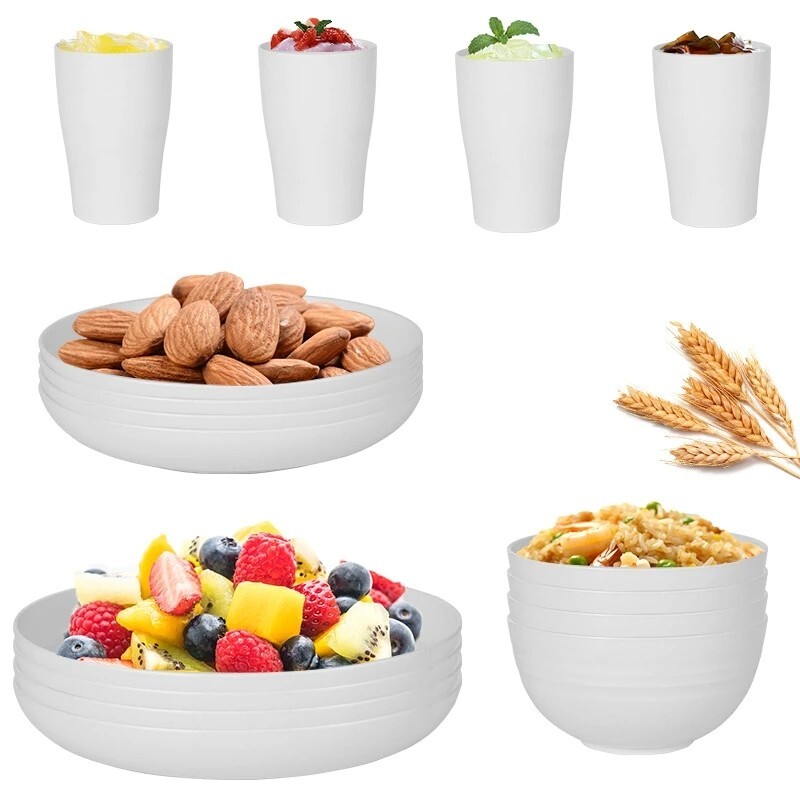32-Piece Kitchen Plastic Wheat Straw Tableware Set, Unbreakable Service for 8