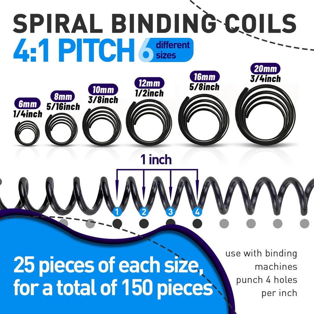 150 Pack Spiral Binding Coils 41 Pitch Plastic Binding Coils Kit 6 Different ...